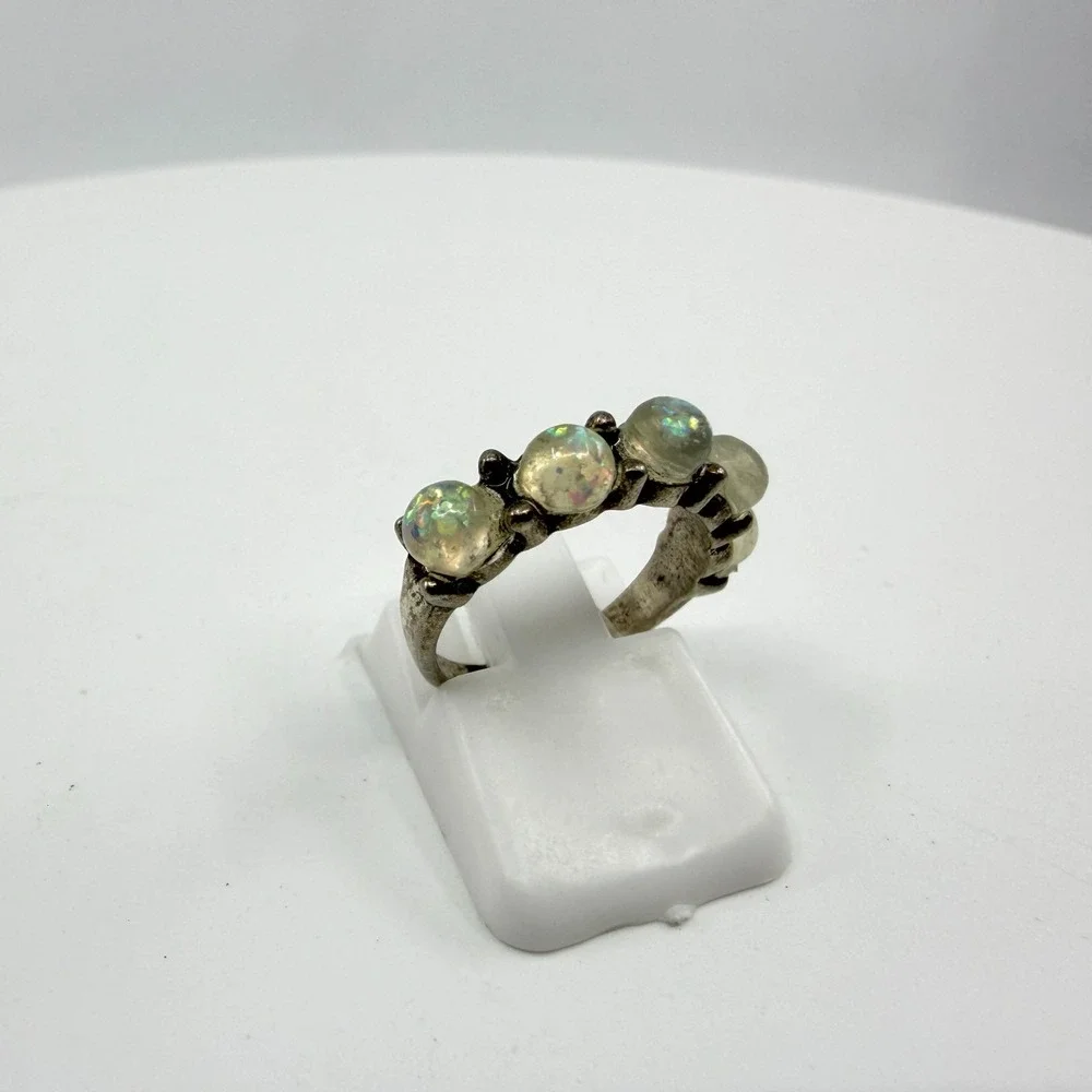 Y2K Silver Tone Opal Stone Iridescent Ring Celestial Boho Statement Gift Unique